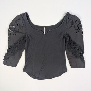 Free People Top XS Puff Crochet Sleeve Cropped Grey Prairie Cottagecore